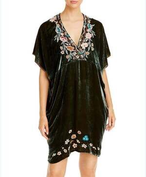Johnny Was JWLA Velvet Embroidered Cocoon Dress Size S Olive Green Silk Boho Whi